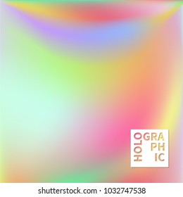 Holographic Vector Background. Iridescent Foil. Glitch Hologram. Pastel neon rainbow. Ultraviolet metallic paper. Template for presentation. Cover to web design.  Abstract colorful gradient. 