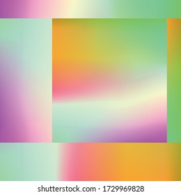 Holografischer Vektor Hintergrund. Irisierender Film. Glitch Hologram. Pastel Neon Regenbogen. Ultraviolettes metallisches Papier. Vorlage für die Präsentation. Cover to web design. Abstrakter farbiger Verlauf.
