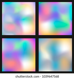 Holographic Vector Background set. Iridescent Foil. Glitch Hologram. Pastel neon rainbow. Ultraviolet metallic paper. Template for presentation. Cover to web design. Abstract colorful gradient.