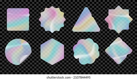 Holographic vector emblems. Holography rainbow labels on black, guarantee foiled stickers, shiny glossymetal stick cards, neon foil stamps, silver geometric blank hologram sticker symbols