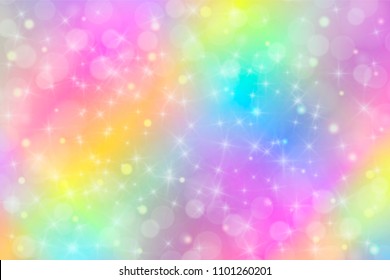 Holographic vector illustration in pastel color. Galaxy fantasy background. The Pastel sky with rainbow for unicorn. Clouds and sky with bokeh.