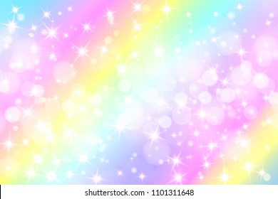 Holographic vector illustration in pastel color. Galaxy fantasy background. The Pastel sky with rainbow for unicorn. Clouds and sky with bokeh.