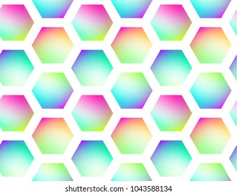 Holographic vector seamless background. Hexagones motif. Gradient shapes. Colorflul repeatable pattern with vivid neon colors and fluid effect.