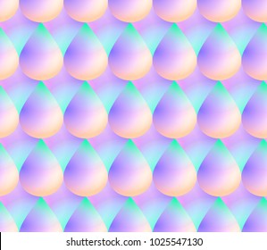 Holographic vector seamless background. Mermaid decor elements. Fish skin motif. Colorflul scales or drop shape repeatable pattern. Vivid neon colors and fluid effect.