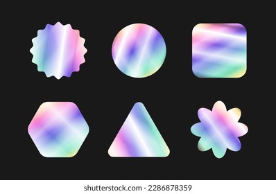 Holographic vector stickers with iridescent shine. Isolated Y2K style labels templates on black background