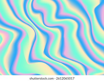 Holographic waves. Wavy pastel pink lavender mint baby blue gradient background for web header Neon light hologram backdrop, rainbow holographic wallpaper