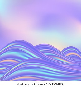 Holographic wavy background, rainbow color flowing waves and swirls, pastel palette. Magic fantasy decorative pattern, abstract vector illustration. 