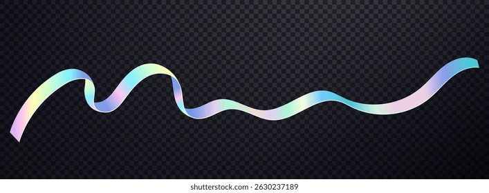 Holographic wavy ribbon flying on transparent background. Flowing wavy neon pearlescent rainbow tape