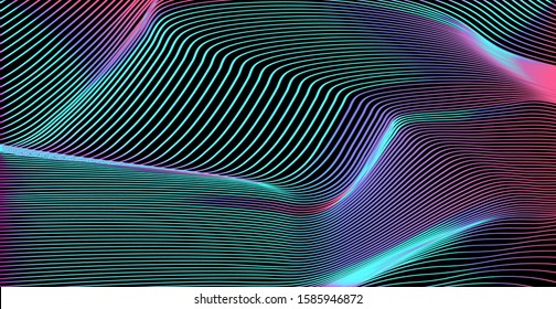 Holographic wavy vector background in retrofuturistic vaporwave, synthwave, retrowave style of 80s-90s. Club poster or music cover design template.