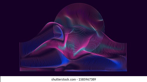 Holographic wavy vector background in retrofuturistic vaporwave, synthwave, retrowave style of 80s-90s. Club poster or music cover design template.