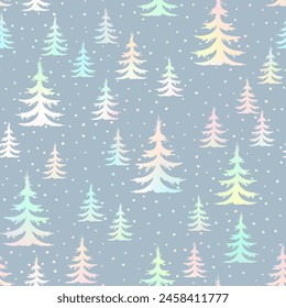 Holographic winter forest Scandinavian seamless pattern. Vector foil New Year print, Christmas tree background, frozen spruce gray texture with fir tree for paper, fabric, season decor, gift wrap.