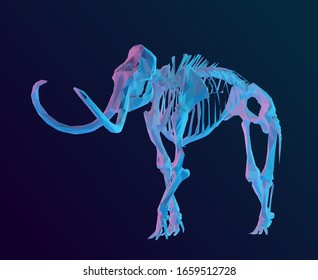 Holographic Woolly Mammoth Skeleton on Isolated Background. Vibrant Low Poly Vector 3D Rendering