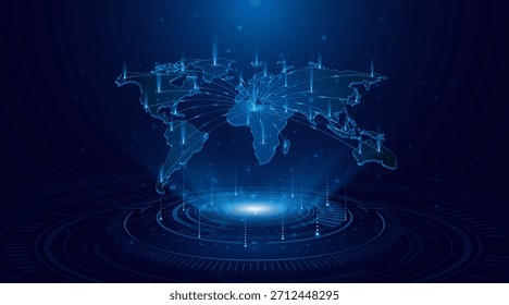 Eine holografische Weltkarte. Das Konzept bezieht sich auf ein globales Netzwerk von Konnektivität. Internet-Technologie oder globale Kommunikation.
