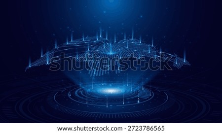 A holographic world map. The concept relates to a global network of connectivity. Internet technology or global communication.