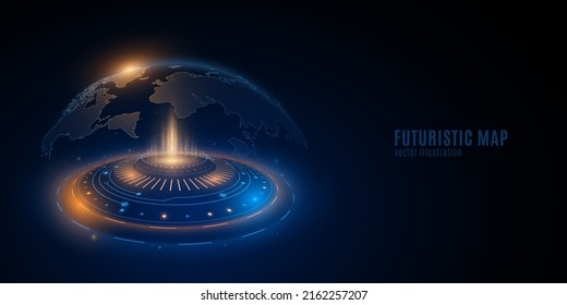 Holographic world map with digital HUD elements. Earth globe hologram. Futuristic planet in cyberspace with light effects. Global network. High technology background. Vector illustration. EPS 10