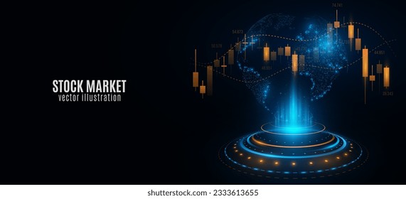 Holographic world stock market investment trading graph with futuristic HUD circle. Modern business presentation. Chart of investment financial data with Earth globe. Vector illustration.