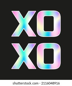 Holographic xo xo sticker for Valentine’s day. Hologram label of different shapes. Vector sticker for design mockups. Holographic textured sticker for preview tags, labels