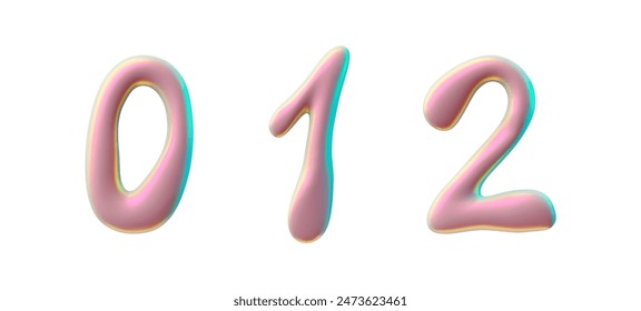 Holographic y2k font with a glossy metallic finish. Vector 3D set consists of three numbers, 0,1,2, shimmering pink color in trendy y2k style. Ideal for futuristic design isolated on white.