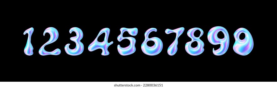 Holographic y2k number liquid. 3d bubble hologram figure . Iridescent holo vector letter for y2k design. Groovy vector illustration