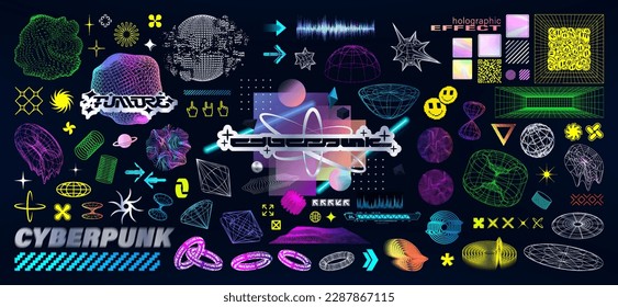 Holographic Y2K shapes and 3D elements. Trendy retrofuturistic and vaporwave style graphic box from 00s, 90s, 80s. Cyberpunk retro futuristic concept. Shapes, icons, glitch, 3D wireframe. Vector set