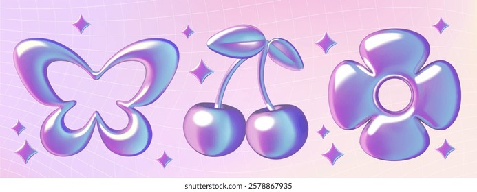 Holographic y2k spring and summer emoji set. Flower, butterfly, cherry and stars three dimensional metallic blue and purple vector elements on gradient checkered background.