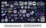 Holographic y2k stickers, badges, patches, logos. Psychedelic, rave, trippy, stickers. Y2k holographic graphic elements. Translated from Japanese - the future is now, the future, be happy, cyberpunk
