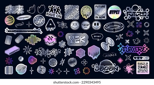 Holographic y2k stickers  badges  patches  logos  Psychedelic  rave  trippy  stickers  Y2k holographic graphic elements  Translated from Japanese    the future is now  the future  be happy  cyberpunk