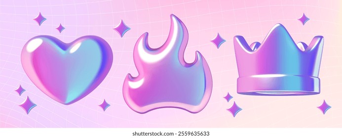 Holographic y2k style heart, flame and crown 3d stickers set on a pink and purple gradient background with sparkling stars. Vector illustration.