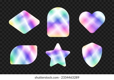 Holographic Y2K vector stickers in different shapes - heart, rhombus and star, shield and arch. Isolated glowing rainbow label templates on black background