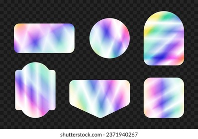 Holographic Y2K vector stickers in different shapes - circle, arch and square. Isolated glowing rainbow label templates on black background