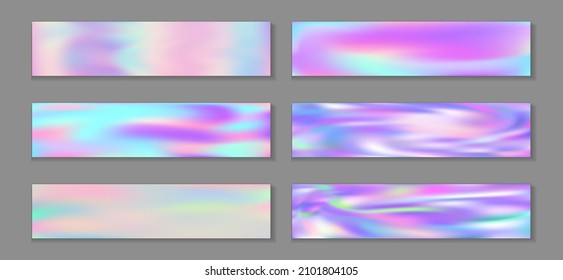 Holography cosmic banner horizontal fluid gradient mermaid backgrounds vector collection. Kawaii neon holo texture gradients. Fluid graphic design minimal mermaid backgrounds.