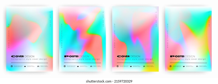 Cubierta holográfica con malla gradiente. Coloridas pancartas minimalistas. Afiches holográficos, líquido. Colección de telones de fondo de verano con vivos colores iridiscentes. Ilustración del vector