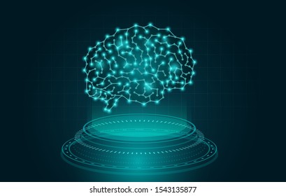 Holography creating a digital Brain on blue theme. Technology Illustration about data, artificial intelligence (ai), idea and thinking.