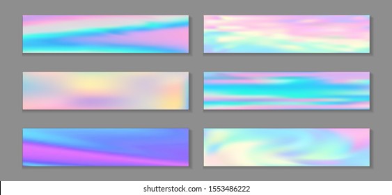 Holography cute flyer horizontal fluid gradient princess backgrounds vector set. Opalescence holography texture gradients. Fluid liquid print abstract princess backgrounds.