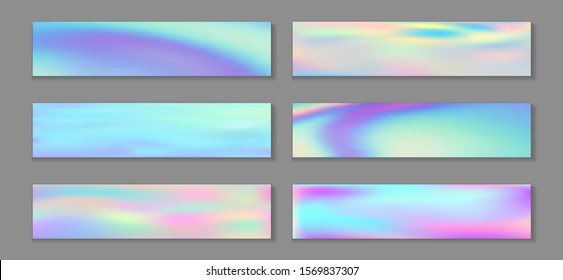 Holography hipster flyer horizontal fluid gradient unicorn backgrounds vector set. Pearlecent neon holo texture gradients. Fluid graphic design fashionable unicorn backgrounds.