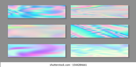 Holography modern flyer horizontal fluid gradient mermaid backgrounds vector collection. Pearlecent hologram texture gradients. Fluid liquid effect minimal mermaid backgrounds.