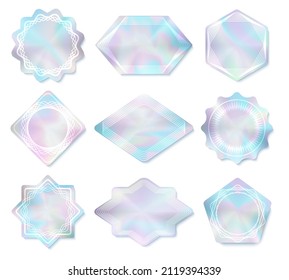 .Holography rainbow labels. Authentic guarantee hologram cards mockup, vector holographic emblem, reflection texture shiny tags, original product realistic silver gradient stickers