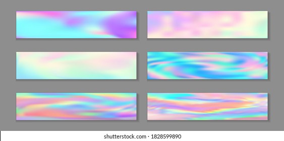 Holography surreal flyer horizontal fluid gradient princess backgrounds vector collection. Beautiful neon holo texture gradients. Fluid graphic design abstract princess backgrounds.