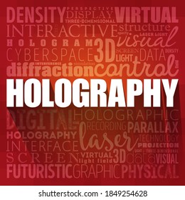 Holography is a technique that enables a wavefront to be recorded and later re-constructed, word cloud concept background