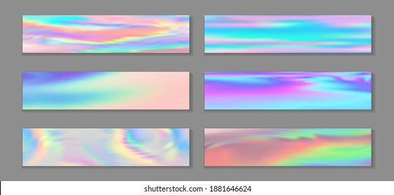Holography vibrant flyer horizontal fluid gradient princess backgrounds vector set. Bokeh holographic texture gradients. Fluid graphic design abstract princess backgrounds.