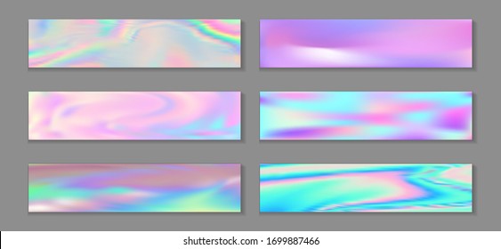 Holography vivid banner horizontal fluid gradient mermaid backgrounds vector collection. Opalescence holographic texture gradients. Fluid graphic design minimal mermaid backgrounds.