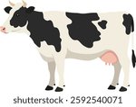 A Holstein cow with black patches on a white body stands calmly, embodying a serene farm atmosphere with a minimalist flat design.