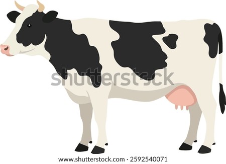 A Holstein cow with black patches on a white body stands calmly, embodying a serene farm atmosphere with a minimalist flat design.