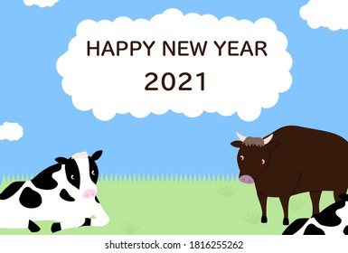 Holstein cow and Japanese black New Year's card illustration