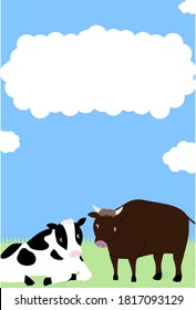 Holstein cow and Japanese black New Year's card illustration -Translation: Thank you for last year. Nice to meet you again this year.