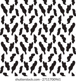 A vaca Holstein imprime um padrão perfeito com formas de bolhas irregulares e motivos amebas para fundos de fazendas. Moderna impressão de todos os animais. Ilustração de vetor monocromático. Mancha pequeno traço ornamento.