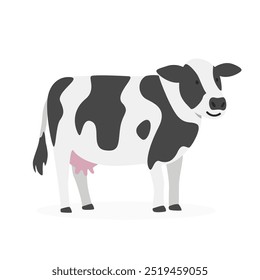 Ilustração vetor simples de vaca Holstein. Clipart de desenho animado de vaca preto e branco, animal em estilo plano. Conceito de animais de fazenda, agricultura rural. Projeto vetorial de vaca leiteira de gado isolado no branco