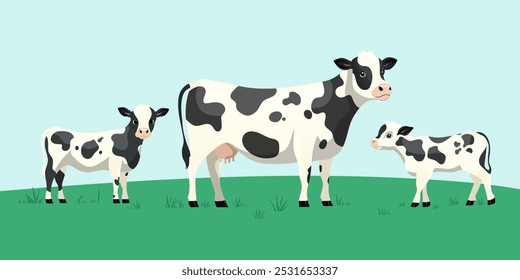 Família de vacas Holstein no pasto - Ilustração vetorial