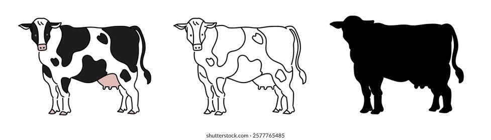 Holstein vector illustration set. Icon depicting a cow in black and white pattern in cartoon style.