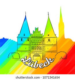 Holsten Gate in Lubeck. Cover Art. Hand drawn skyline illustration. Travel the world concept vector image for digital marketing and poster prints.